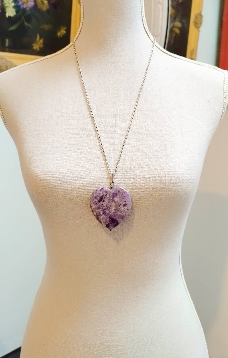 Vintage French Large Amethyst Heart Pendant, Long Hand Made Silver Chain, Romantic Gift, Amethyst Necklace, Heart Shaped Pendant, Gift Box image 10