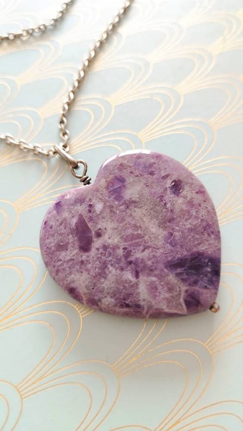 Vintage French Large Amethyst Heart Pendant, Long Hand Made Silver Chain, Romantic Gift, Amethyst Necklace, Heart Shaped Pendant, Gift Box image 1