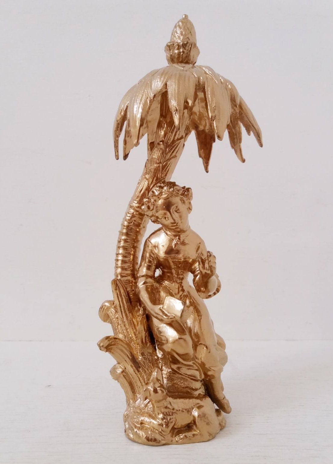 Figurine Ormolu Français Des Années 1800, Vintage Statue de Fille avec Chien et Palmier. Décor Versa