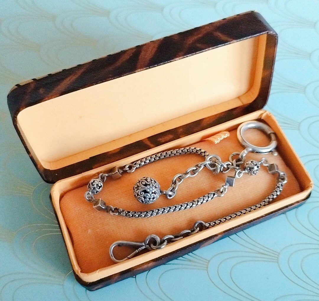 Antique French Silver Fob Watch Chain, Silver Victorian Bracelet, Art