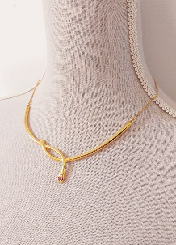 Vintage Ruby Snake Necklace, French Gold Snake Nec