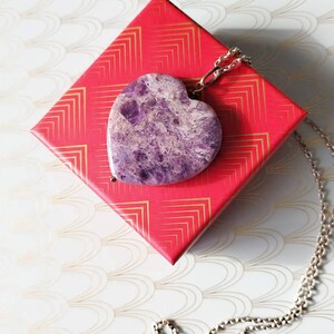 Vintage French Large Amethyst Heart Pendant, Long Hand Made Silver Chain, Romantic Gift, Amethyst Necklace, Heart Shaped Pendant, Gift Box image 4