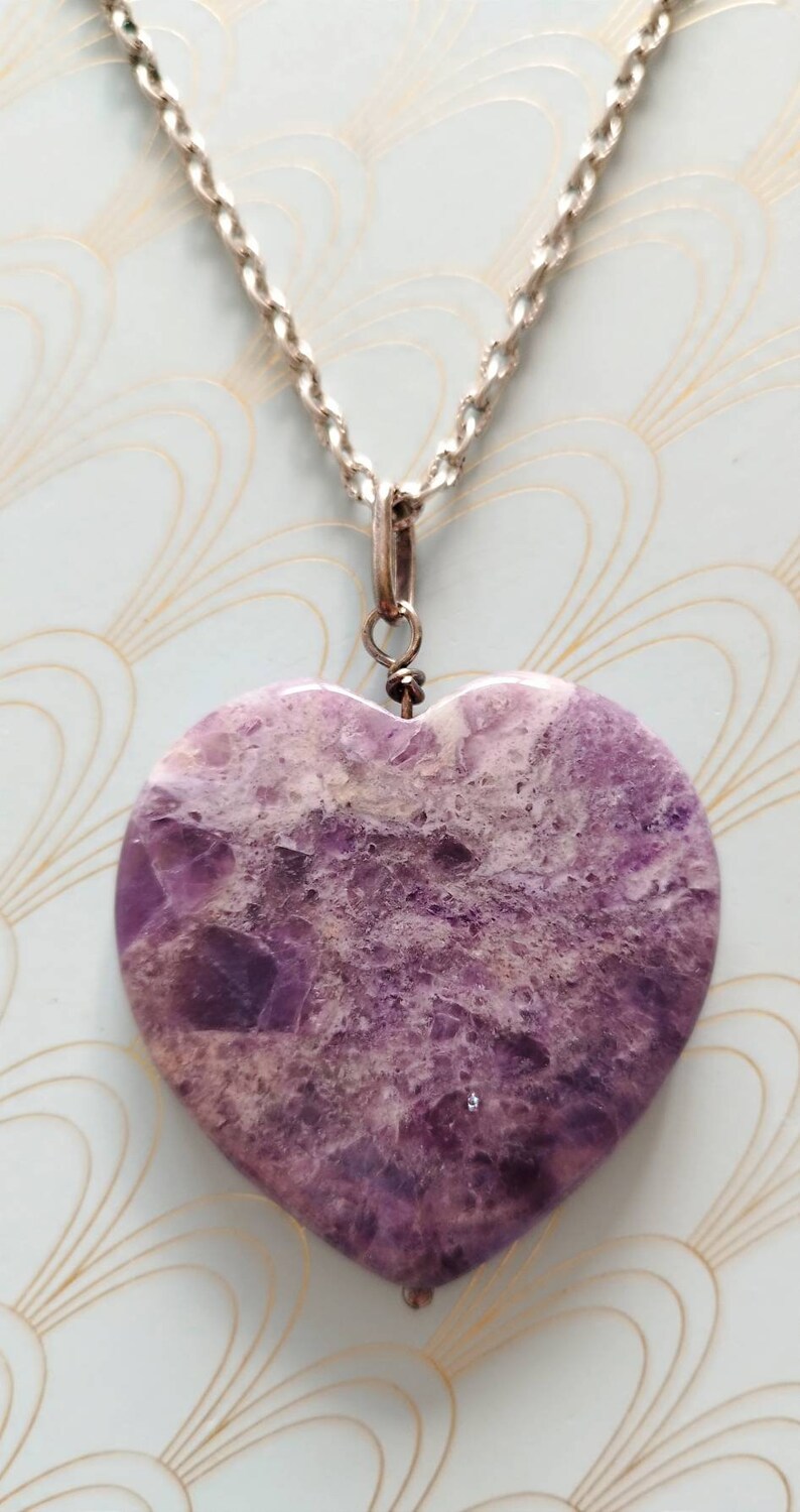 Vintage French Large Amethyst Heart Pendant, Long Hand Made Silver Chain, Romantic Gift, Amethyst Necklace, Heart Shaped Pendant, Gift Box image 5