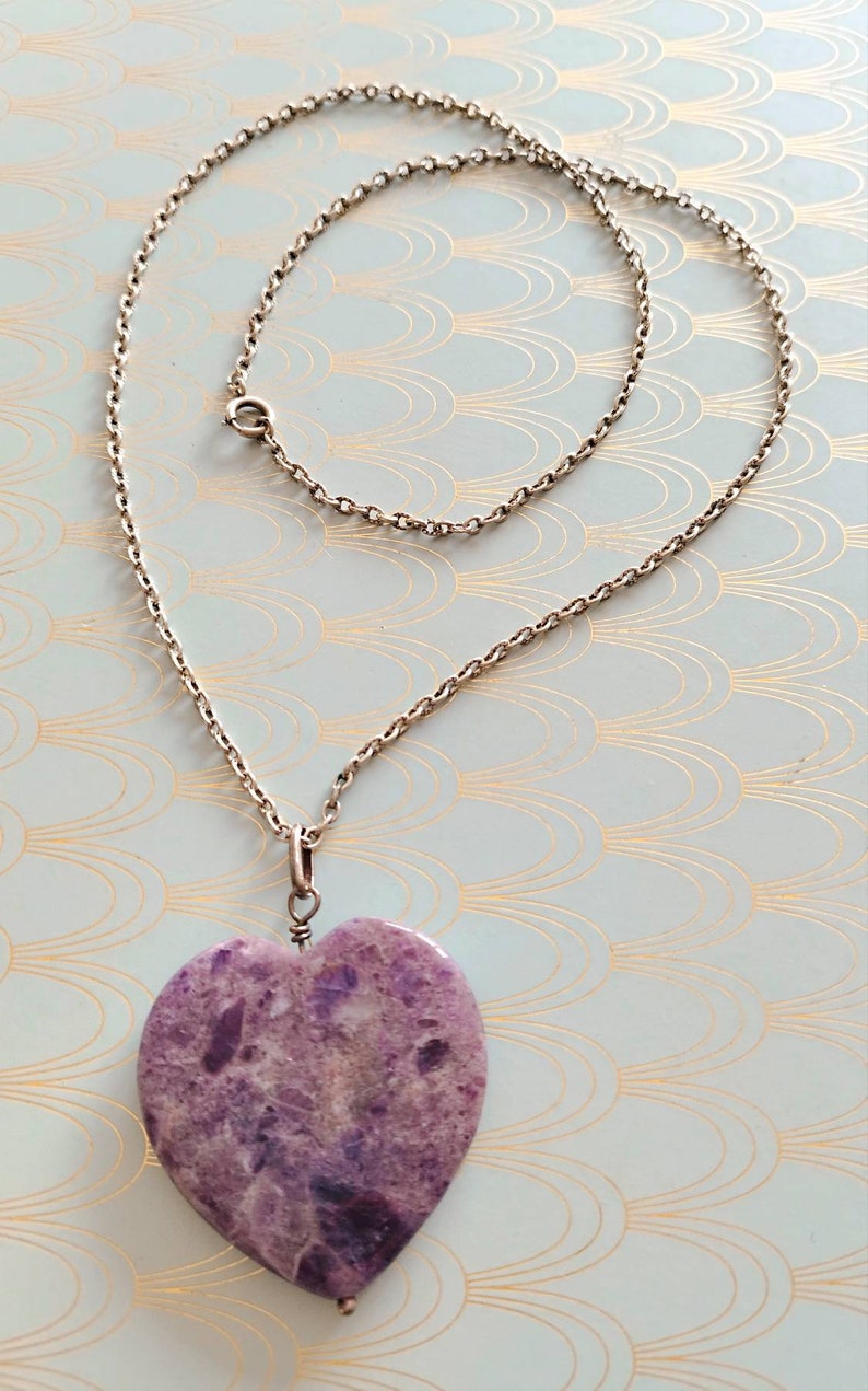 Vintage French Large Amethyst Heart Pendant, Long Hand Made Silver Chain, Romantic Gift, Amethyst Necklace, Heart Shaped Pendant, Gift Box image 2