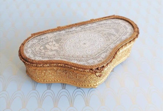 Luxury Antique French Gilded Jewelry Box, Glass C… - image 1