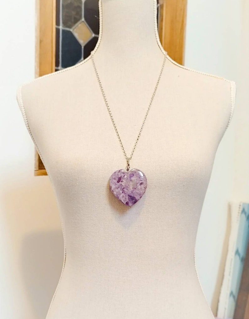 Vintage French Large Amethyst Heart Pendant, Long Hand Made Silver Chain, Romantic Gift, Amethyst Necklace, Heart Shaped Pendant, Gift Box image 3