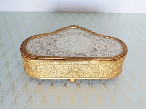 Luxury Antique French Gilded Jewelry Box, Glass C… - image 7