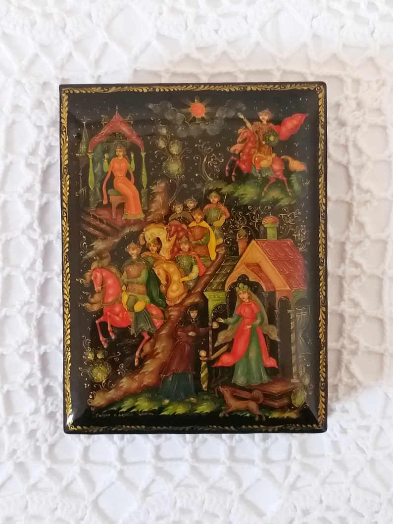 A Russian Vintage Jewelry Box Hand painted Russian Troika Handmade Signed Russian Fairy Tale Jewellery Box Russian Papiermache Laquer Box