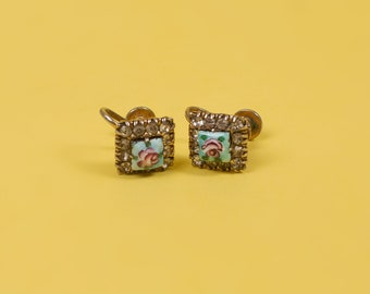 Vintage Square Flower Clip-On Earrings