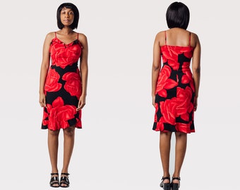 Vintage 90's Black and Red Floral Spaghetti Strap Tank Dress