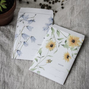 Afdrukbaar zaadpakket, direct downloaden, zonnebloemen en grasbellen