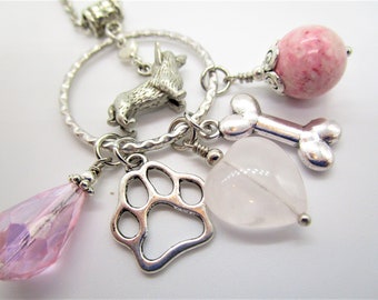 Corgi Necklace/Dog Jewelry/Pink Necklace/Charm Necklace/Dog Lover/Dog Paw/Charm & Stone Cluster/Long Necklace/Dog Rescue/Pet Memorial