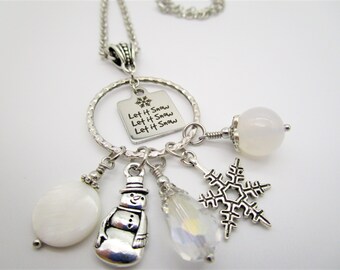 Winter Necklace/Snowflake Pendant/Christmas Jewelry/Charm Cluster Necklace/White Necklace/Let it Snow/Snowman Jewelry