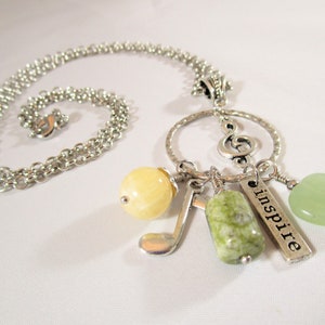 Music Necklace/Music Note Charm Necklace/When Words Fail Music Speaks/Green Necklace/Musician Gift/Charm and Stone Cluster Necklace