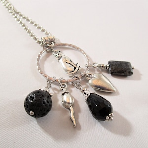 Cat Necklace / Black Necklace / Cat Fancy / Pet Jewelry / Charm and Stone Cluster Necklace / Long Charm Necklace / Onyx / Larvikite / Lava