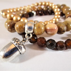 Stacking Bracelet Set/Feldspar/Swarovski Crystal Pearls/Brown Agate/Acorn/Autumn Jewelry/Semiprecious Stone/Charm Bracelet/Brown Bracelets