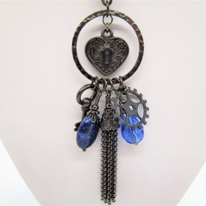 Steampunk Chic Necklace/Blue Necklace/Black Oxide Jewelry/Long Charm Necklace/Charm Cluster Necklace/Tassel Necklace/Lapis Necklace