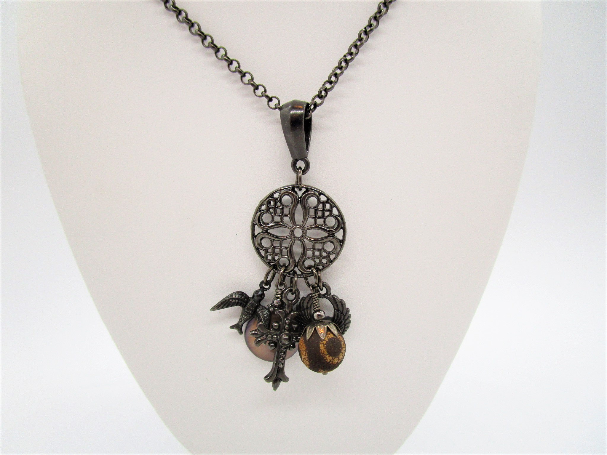 Goth Jewelry/brown Necklace/charm Cluster Necklace/gothic Revival/mother of Pearl/long Charm