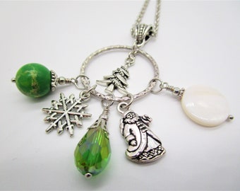 Christmas Jewelry/Charm Cluster Necklace/Green Necklace/Christmas Tree Necklace/Snowflake Charm Jewelry/Christmas Gift