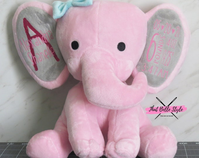 Birth Announcement Elephant | Personalized Baby Stats Stuffed Animal | Newborn Gift | Custom Baby Keepsake | New Mom Gift