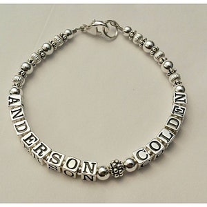 Mothers Grandmothers Bead Name Bracelet, Multi Name Bracelet, Sterling Silver 4.5mm Letter Block Beads, Personalized Custom Name Jewelry
