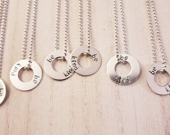 Sterling Silver 3/4" Hand Stamped Washer Charm, Name Necklace, Be Kind, Be Strong, Be Brave, Quote, Round Washer Charm