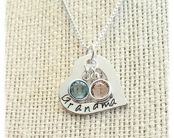 Sterling Silver Hand Stamped Mothers or Grandmothers Name Necklace, Channel Birthstone Charms, 3/4" Heart Washer, Engraved, Family