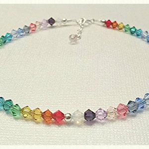 Ankle Bracelet, Anklet, Sterling Silver & Crystal Beads, Rainbow, Multi Color, Chakra, Foot Jewelry, Crystal Beaded Ankle Bracelet