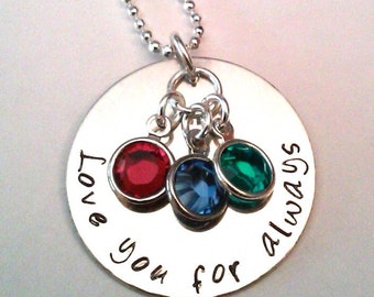 Sterling Silver Hand Stamped Personalized Mothers Grandmothers Name Necklace, 1" Custom Charm with Crystal Birthstones