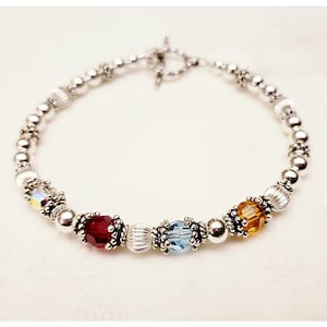 Sterling Silver Birthstone Beaded Bracelet ~ Personalized with  Birthstone Crystal Beads, Grandmothers Mothers Bracelet