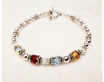 Sterling Silver Birthstone Beaded Bracelet ~ Personalized with  Birthstone Crystal Beads, Grandmothers Mothers Bracelet