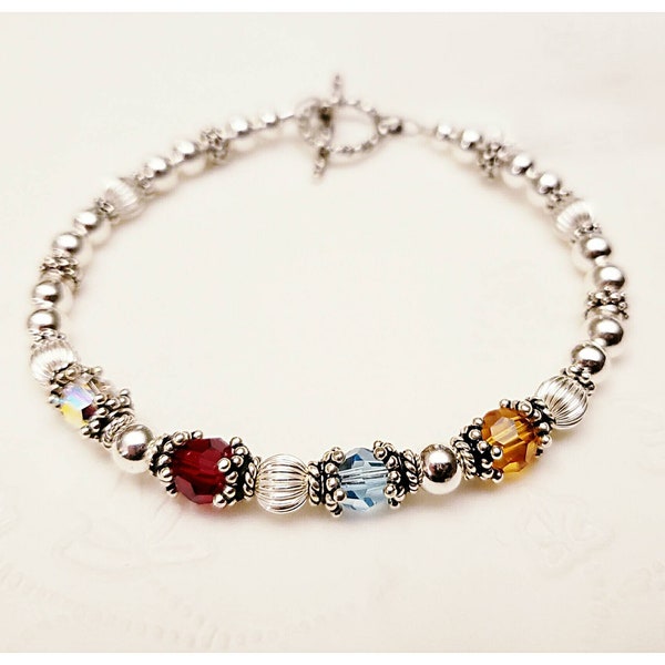 Sterling Silver Birthstone Beaded Bracelet ~ Personalized with  Birthstone Crystal Beads, Grandmothers Mothers Bracelet