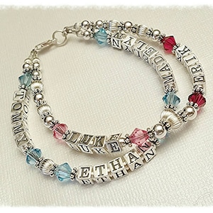 Multi Name Beaded Bracelet, Mother&#39;s Grandmother&#39;s, 4.5mm Sterling Silver Bead, Personalized w/ Birthstone Crystals (READ DESCRIPTION)