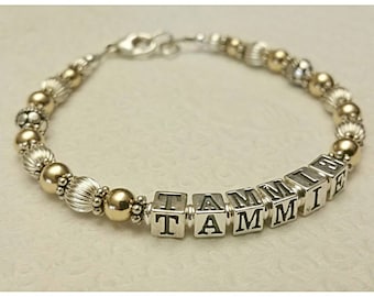 Personalized Name Bracelet, Gold Filled Sterling Silver Beads, 4.5mm Letter Blocks