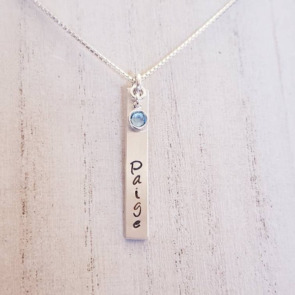 Sterling Silver Name Bar, 4mm Birthstone Crystal, Hand Stamped Personalized Name Charm, Crystal Channel Charm, VERTICAL Text, Nameplate