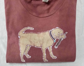 Hand-dyed batik, women's t-shirt with dog, 100% organic cotton, see measurements
