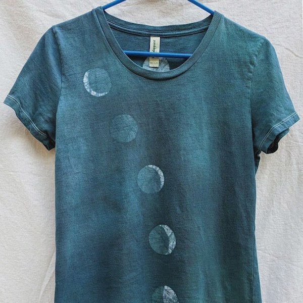 Hand-dyed batik, 100% organic cotton, made in US, blue t-shirt with moon phases