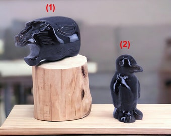 Gemstone Animal Carvings: Black Onyx Jaguar & Silver Sheen Obsidian Penguin Sculptures