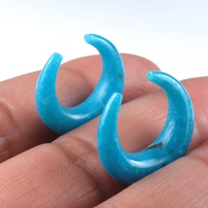 May include: A pair of turquoise crescent-shaped earrings. The earrings are a vibrant blue-green hue, with a smooth, polished surface. The curved design is reminiscent of a horn or a stylized moon. The earrings are shown against a neutral background.