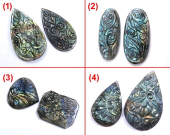 Carved Labradorite Cabochon Multi Color fire Matching shape Set handcrafted 2 pcs lot