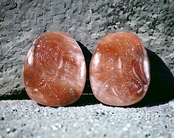 Natural Golden/Red Rutile Angel hair handcrafted face carving by Cameo pair art work