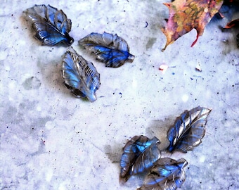 Labradorite Carved Leaf 3 Pieces Set, Shiny Peacock Blue Flash
