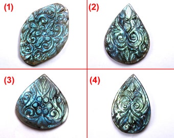 Carved labradroite Cabochon Greenish Sky Blue Full Fire Hand Crafted Carving Art