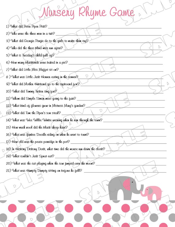 Nursery Rhyme baby shower game pink elephant Printable INSTANT DOWNLOAD UPrint by greenmelonstudios elephant baby shower Il_570xn