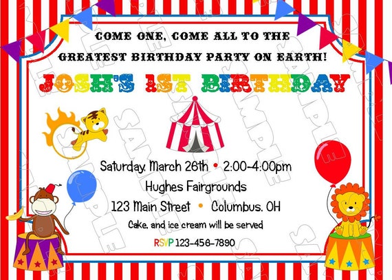 Circus birthday carnival party boy or girl birthday printable invitation any colors UPrint customized card by greenmelonstudios Il_570xn