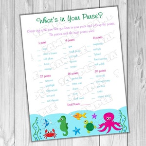 Under the sea Baby shower games what's in your purse Printable INSTANT DOWNLOAD UPrint by greenmelonstudios under the sea baby shower image 1