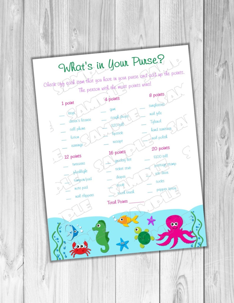 Under the sea Baby shower games what's in your purse Printable INSTANT DOWNLOAD UPrint by greenmelonstudios under the sea baby shower image 1