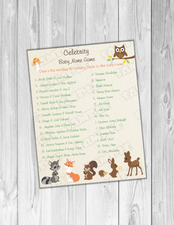 Woodland forest animals celebrity baby name game baby shower Printable INSTANT DOWNLOAD UPrint by greenmelonstudios woodland baby shower Il_570xn