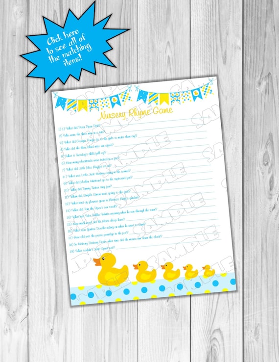 Rubber duck Nursery Rhyme game Baby shower games Printable INSTANT DOWNLOAD UPrint by greenmelonstudios rubber duck baby shower Il_570xn