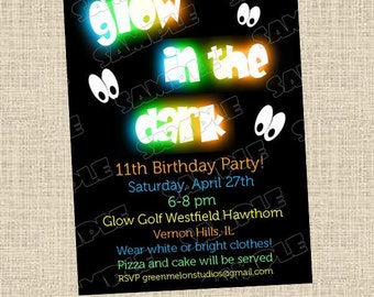 Glow in the dark invitations boy or girl birthday party printable invitations UPrint customized card by greenmelonstudios